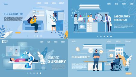 Modern Medical Healthcare Service Landing Page Set. Cartoon Doctors and Patients. Flu Preventive Vaccination, Laboratory Research, Robotic Surgery, Traumatology Department. Vector Flat Illustrationのイラスト素材