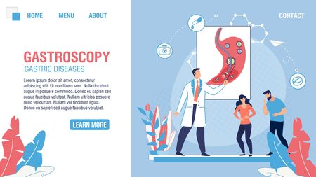 Gastroscopy Medical Department Flat Landing Page. Cartoon Doctor Consult Man and Woman Patients Suffering from Stomach Ache. Disease Diagnostics. Healthcare services Advertisement. Vector Illustrationのイラスト素材