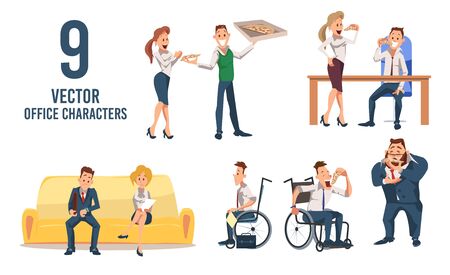 Female, Male Office Workers Trendy Flat Vector Characters Set Isolated on White Background. Men and Women Eating Pizza, Disabled Man in Wheelchair, Job Applicants Waiting for Interview Illustrationのイラスト素材