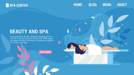 Flat Landing Page Offering Beauty and Spa Services. Girl Enjoying Traditional Hot Stone Therapy. Woman Patient Lying on Table. Body Relaxation, Back Treatment, Healthcare. Vector Cartoon Illustrationのイラスト素材