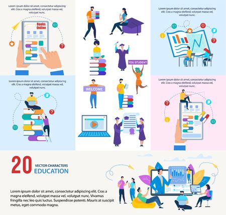 Online Education Courses, University or Collage, Distant Learning Trendy Flat Vector Advertising Banners or Promo Posters Set. Learning Students Reading Books, Celebrating Graduation Illustrationのイラスト素材