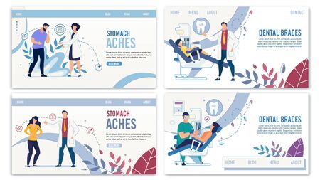 Gastroenterology and Dentistry Online Service Landing Page Set. Cartoon People Suffering from Tooth and Stomach Ache. Diagnosis and Treatment. Medicine and Healthcare. Vector Flat Illustrationのイラスト素材