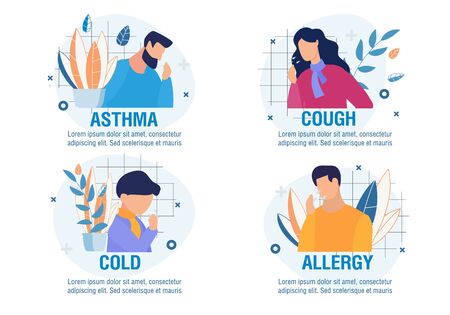 Different Types of Disease with Coughing Symptom. Cartoon Sick People Characters Set. Asthma, Cold, Allergy, Cough. Children and Adults. Medicine and Healthcare. Vector Flat Illustrationのイラスト素材