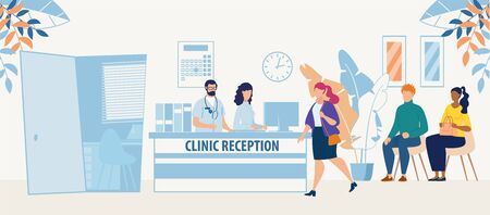 Clinic Reception Room with Doctor Medical Staff and Patients Cartoon. Hospital Hallway Interior. Medicine and Healthcare. Consultation and Medical Diagnosis during Sickness. Vector Flat Illustrationのイラスト素材
