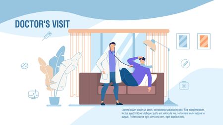 Doctors Home Visit Medical Services Promo Poster. Banner Advertising Calling Professional Medical Help. Vector Cartoon Therapist Listening with Stethoscope to Sick Patients Heartbeat Illustrationのイラスト素材