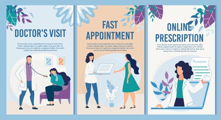 Flat Informational Vertical Medical Banner Set Advertising Clinic Services for Sick People. Online Medication Treatment Prescription, Doctor Home Visit Call Fast Appointment Order. Vector Illustrationのイラスト素材