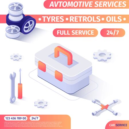 Round-the-Clock Automotive Repair Service Tools Shop Advertising Banner with Isometric Design and Contact Information. Box with Instruments. Magazine Cover Template. Vector 3d Illustration.のイラスト素材