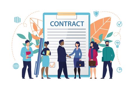 Poster Inscription on Document Contract Flat. Constant Access to Office Information. Men and Women Stand in Background Large Document with Inscription Contract. Vector Illustration.のイラスト素材