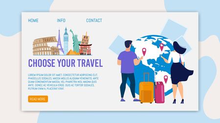 Travel Agency International Tours, Airline Charters Trendy Flat Vector Web Banner, Landing Page Template. Male, Female Tourists, Travelers with Baggage Bags Choosing Destinations on Map Illustrationのイラスト素材