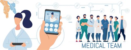 Patient Using Mobile App for Online Diagnostics. Flat Human Hand Holding Smartphone with Open Chat for Professional Checkup. Cartoon Medical Team. Woman with Tablet. Vector Illustrationのイラスト素材