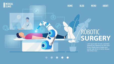 Robotic Surgery Innovative Medicine Flat Landing Page. Modern Medical Technologies. Cartoon Robot Arm Manipulating with OR Patient under Surgeon Control. Innovative Medicine. Vector Illustrationのイラスト素材
