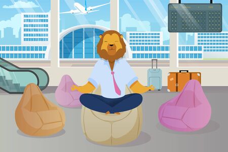 Office Worker with Lion Head Meditating Clipart. Metaphor of Relaxed Businessman as Animals King. Employee in Lotus Position in Airport Lounge. Calm Down, Clear Mind Flat Cartoon Vector Conceptのイラスト素材