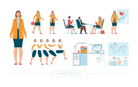 Businesswoman Character Constructor Isolated, Trendy Flat Design Elements Set. Female Business Leader Working in Office, Body Parts, Face Expressions, Work Table and Office Supplies Illustrationsのイラスト素材