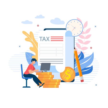 Advertising Banner Projects Budget Cartoon Flat. Increase in Work Efficiency. Guy Sits at Table and Works at Laptop on Background Gold Coins and Large Document. Vector Illustration. のイラスト素材