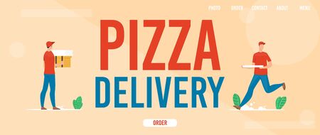 Pizza Delivery Service Trendy Flat Vector Horizontal Web Banner, Landing Page Template with Fast Food Restaurant Deliveryman, Courier Running, Hurrying While Delivering Pizza Order Illustrationのイラスト素材