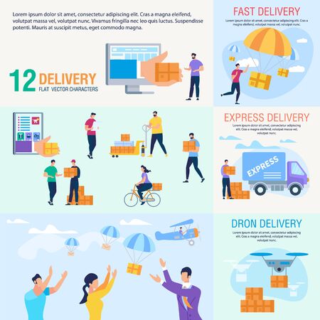 Express Delivery Service, Goods Shipment with Drones, Postal Parcels Delivery Company Trendy Flat Vector Ad Banner, Poster Set. Happy Customers Receiving Packages, Courier Delivering Box Illustrationのイラスト素材