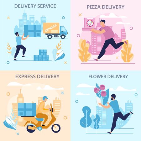Set Informational Poster Delivery Service Flat. Flyer Written Flower, Pizza and Express Delivery. Safety Precautions, Lunch Break. Men Deliver around City Cartoon. Vector Illustration.のイラスト素材