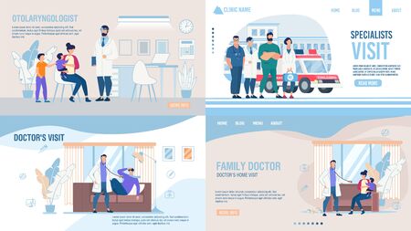 Medical Company Service Landing Page Trendy Flat Set. Otolaryngologist Examination, Medic Specialists, Family Doctor and Pediatrician Home Visit Call Online. Vector Cartoon Illustrationのイラスト素材