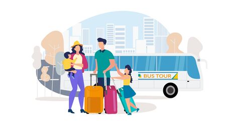 Traveling Family, Bus Tours for Tourist with Kids Trendy Flat Vector Concept. Mother and Father, Parents with Children Carrying Baggage, Going on Vacation Journey on Comfortable Coach Bus Illustrationのイラスト素材