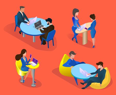 Business People Characters Set Isolated on Orange Background. Business Men and Women at Workplace, Communicating, Discussing Project, Working on Laptops. 3D Isometric Cartoon Vector Illustrationのイラスト素材