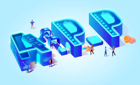 3d Neon Effect Isometric Letters APP. Blue Gradient Background. Creative Alphabet. Little People Characters Use Smartphones, Gadjet Application. Technology Goods Production. Vector Flat Illustration.のイラスト素材