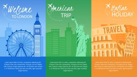 Holiday Travel to Europe and America Trendy Flat Vector Vertical Advertising Banners, Promo Posters Templates Set. London, New-York, Rome Famous Architectural, Cultural Attractions Illustrationsのイラスト素材