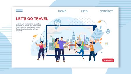 Touristic Tour, Travel Agency Online Service, Startup for Travelers Trendy Flat Vector Web Banner, Landing Page Template. Happy Tourists Making Photos of Attractions, Shooting Selfie Illustrationのイラスト素材