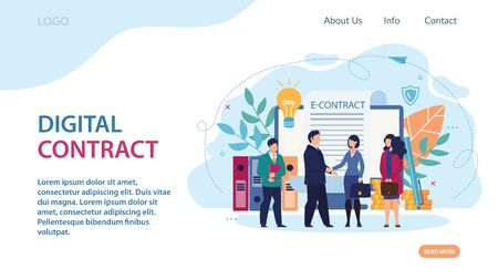 Advertising Banner Digital Contract Lettering. Normal Office Conditions. Man in Suit Shakes Hands with Woman with Briefcase. Man in Suit Shakes Hands with Woman with Briefcase Cartoon.のイラスト素材