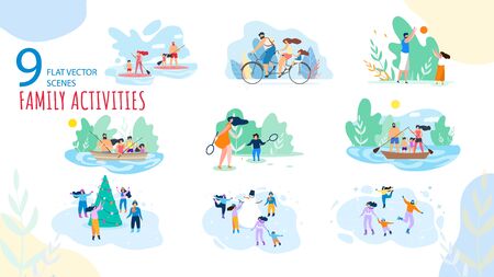 Summer, Winter Vacation Family Activities Trendy Vector Isolated Scenes Set. Parents with Kids Paddle Boarding, Riding Bicycle, Fishing on Boat, Playing Games, Ice-Skating Around Snowman Illustrationのイラスト素材