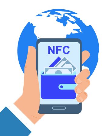 Hand Holding Mobile Phone NFC Payment App Vector Illustration. Contactless Purchase Internet Transaction Global Ecommerce Online Banking Credit Card Smartphone Shopping Virtual Walletのイラスト素材