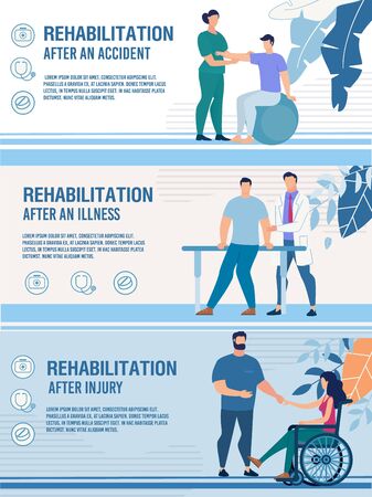 Rehabilitation after Accident, Injury, Illness. Advertising Header Banner Set. Flat Design. Physiotherapist Working with Disabled and Injured People. Recovery. Healthcare. Vector Cartoon Illustrationのイラスト素材