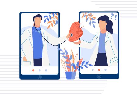 Medical Diagnostic Heart Disease. Online Medicine. Virtual Health Care Consultation. Cardiological App Service. Man Woman Doctors on Two Mobile Phones Screens Listening Heartbeat. Vector Illustrationのイラスト素材