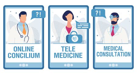 Trendy Flat Mobile Screens Set with Internet Medical Services. Online Medical Consilium and Doctors Consultation, Telemedicine Chat for Remote Disease Determination and Treatment. Vector Illustrationのイラスト素材