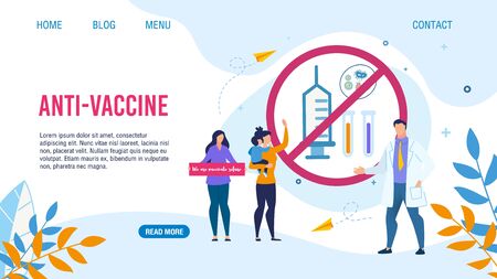 Flat Landing Page with Anti-Vaccination Design. Cartoon Women with Children Demonstrating Against Kids Immunization. Doctor Insisting on Need for Preventive Medicine. Vector Illustrationのイラスト素材