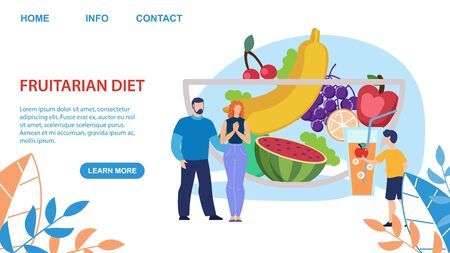 Fruitarian Diet for Adults and Kids Advertising Flat Landing Page Layout Design. Vector Cartoon Child Offering Apple to Parents. Huge Glass Bowl with Fresh Fruits Illustration. Place for Textのイラスト素材