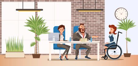 Hiring Person with Disabilities Trendy Flat Vector Concept. Boss, Company Hr Manager Talking with Woman in Wheelchair, Conducting Job Interview with Disabled Female Vacancy Candidate Illustrationのイラスト素材