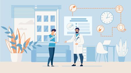 Cartoon Doctor in Uniform and Man Patient Suffering from Pain Talking in Hospital Office. Professional Consultation. Headache, Examination and Treatment Prescription. Vector Trendy Flat Illustrationのイラスト素材