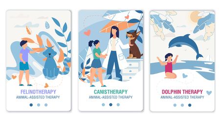 Alternative Medicine. Special Physio therapeutic Treatment Methods. Felinotherapy, Canistherapy, Dolphin Therapy. Online Service. Social Media Mobile Page Trendy Flat Set. Vector Cartoon Illustrationのイラスト素材