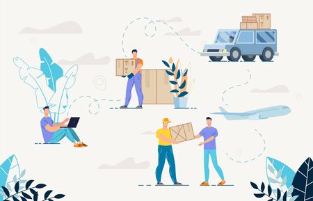 Shopping Online Goods Delivery Service Set. Man Sitting with Laptop Buying via Internet, Courier Giving Box to Customer, Shipping Truck with Cardboard Packages, Deliveryman Handing Wrapped Applianceのイラスト素材
