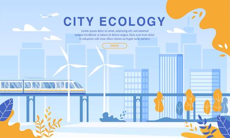 City Ecology Protection by Eco Friendly Electric Railway Usage. Ecological Passenger Train on Magnetic Pad Moving through Metropolis. Environmental Transportation without Air Pollution. Webpage Bannerのイラスト素材