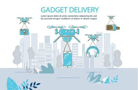 Electronics Appliance Devices and Gadgets Aircraft Delivery by Drone to any City Location. Online Service Advertisement.のイラスト素材