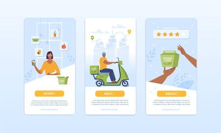 Fresh Organic Food Box Ordering and Delivery Process. Mobile Application Design Set. Fruits and Vegetables Ingredients Selection, Order Placing, Shipping and Receiving Online Service Evaluationのイラスト素材