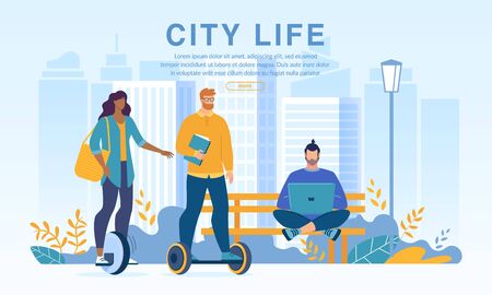 Active People City Dwellers in Urban Park on Eco Transport. Sport, Healthy Lifestyle and Rest. Young Woman Driving Mono cycle, Hipster Guy Riding Hover board, Teenager Boy with Laptop Sitting on Benchのイラスト素材