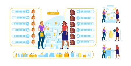 Shop Consultant and Customer Animated Character Set. Happy Customer and Friendly Smiling Seller at Clothing and Accessories Boutique. Showcase, Goods and Female Emotions Diy Kit. Vector Illustrationのイラスト素材