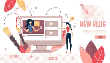 Beauty and Fashion Video Content View. Shopping Blogger Showing New Trendy Cosmetics Makeup Online Tutorial on Computer. Shoppers, Followers. Style Blogging Services Creation and Productionのイラスト素材