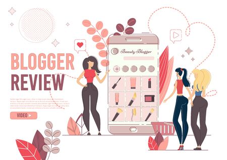 Webpage Presents Fashion Blogger Review.  Young Woman Showing New Cosmetics Products and Trends in Makeup on Mobile to Followers. Online Beauty Content for Social Media Network Creationのイラスト素材