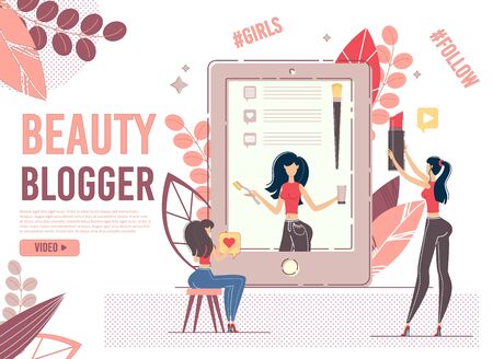 Young Female User Watches Beauty Blogger on Digital Tablet Device. Fashion Vlogger Showing Latest Trends in Cosmetics and Skincare. Style Blog Production. Online Influence. Landing Page Designのイラスト素材