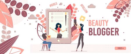 Online Female Beauty Blogger Channel and Followers. Woman Giving Advice Online. Inscribers Following New Trends. Girls Users Watches Advertisement in Internet Chat on Digital Device, Testing Productsのイラスト素材