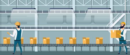 Warehouse Packing Conveyor using Human Resource. Worker Character in Overall Uniform Preparing Goods For Dispatch. Packingline with Cardboard Box on Factory. Flat Cartoon Vector Illustrationのイラスト素材