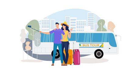 Traveling on Bus, City Excursion Tours Trendy Flat Vector Concept. Happy Couple Shooting Selfie Photo with Cellphone, Wife and Husband with Luggage Going at Romantic Journey on Coach Bus Illustrationのイラスト素材